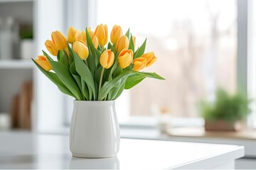 A bouquet of tulips on a white table. - obrazy, fototapety, plakaty