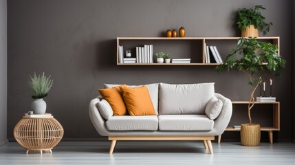 White Loveseat Sofa by Window, Dark Grey Wall with Shelving Unit: Scandinavian Home Interior