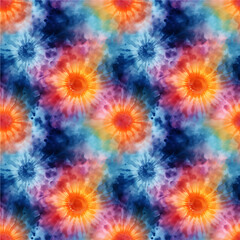 Seamless of Tie Dye Spiral Fashion Print Pattern Swatch. High quality illustration. Digitally rendered artistic dye bleed effect for printing on any surface. Psychedelic hippie repeat background.
