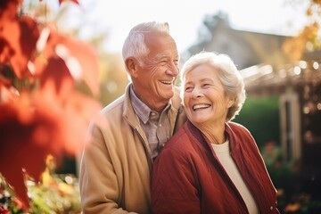 Happy senior couple in garden of their home in autumn