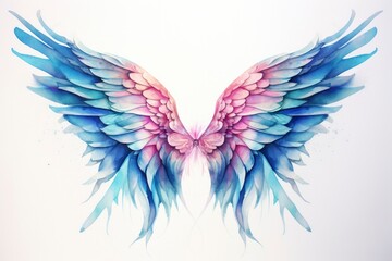 Beautiful magic watercolor blue pink wings.