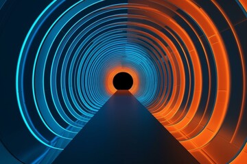 Futuristic tunnel in blue and orange - 3D illusion. Generative AI