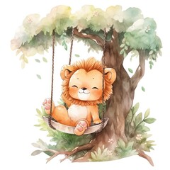 Cute and happy baby lion on swings on the tree in watercolor style.