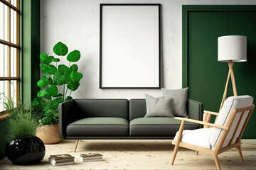 Illustration of an empty interior poster mock-up with a wooden frame in a green living room with a wooden couch, a coffee table with a vase and books, and an armchair. Generative AI