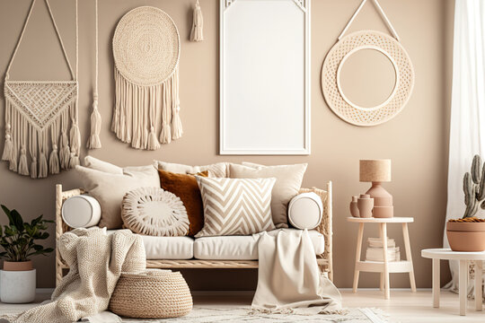 Bohemian-styled interior decorating, a beige living room. Generative AI
