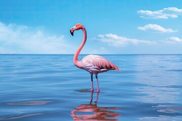 Pink Flamingo in the water against a sky.