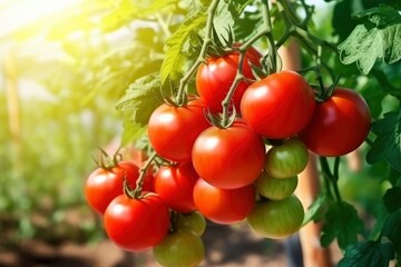 Fresh bunch of red natural tomatoes on a branch in vegetable garden. - obrazy, fototapety, plakaty