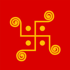 Hinduism holy symbol Haldi Swastik on Red kumkum background.