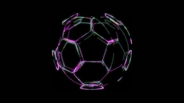 Animated soccer ball logo icon with glowing neon purple, blue lines. 4K UHD Animation on black background