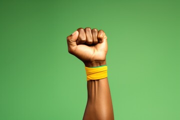 Black man raising a fist with yellow wristband on green background.