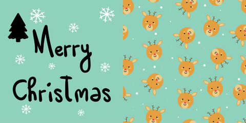 Fototapeta na wymiar Hand drawn illustration and seamless pattern with cute cartoon christmas reindeer