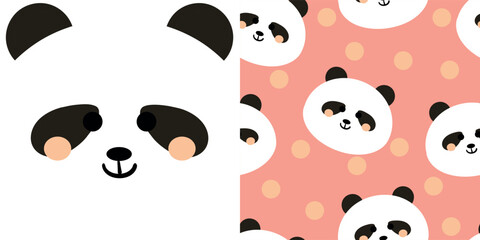 Hand drawn illustration and seamless pattern with cartoon panda on pink background