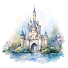 Fairy Tales watercolor painting. castle in pastel color.