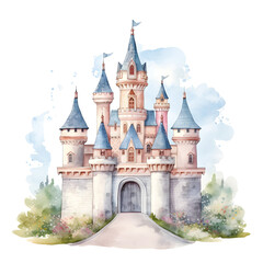 Fairy Tales watercolor painting. castle in pastel color. - obrazy, fototapety, plakaty