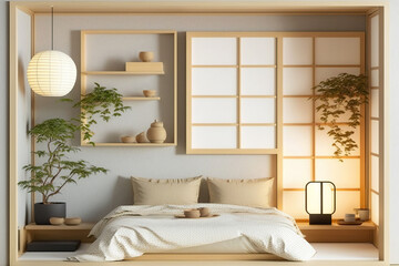 Japanese-style box shelves, tatami mat, and plants on white zen room. Generative AI