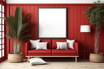 Mockup of a frame, a reddish-toned modern hardwood living room, a lounge, and a waiting area with a rattan sofa. a window with shutters, and herringbone parquet. Illustration of Scandinavian home