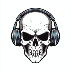Skull with headset vector illustration. head of character in headphones black and white
