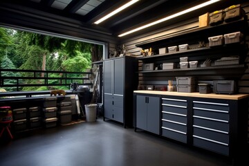 Design a modern and functional garage with storage solutions - obrazy, fototapety, plakaty