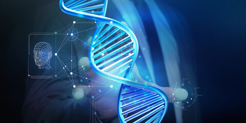 DNA spiral model on a dark blue background, 3D render.