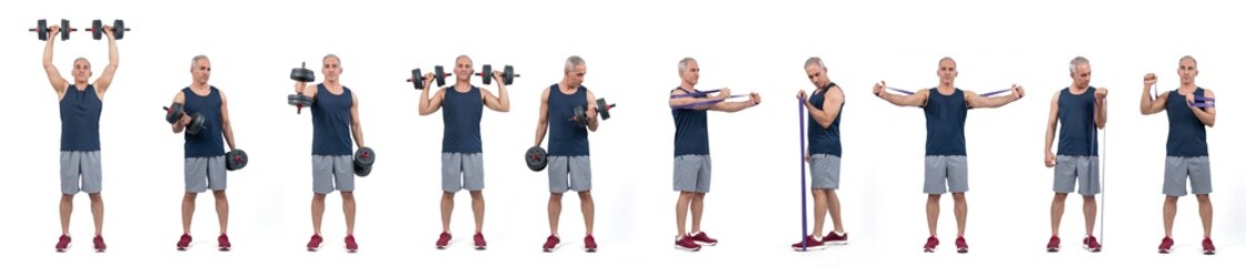 Healthy and active senior man with different professional fitness posture set of weight and body training on isolated background in full body length shot. Clout - obrazy, fototapety, plakaty