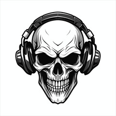 Skull with headset vector illustration. head of character in headphones black and white