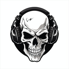 Skull with headset vector illustration. head of character in headphones black and white
