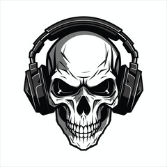 Skull with headset vector illustration. head of character in headphones black and white