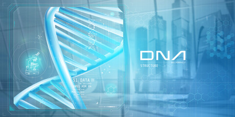 DNA helix model on a light blue background, 3D render.