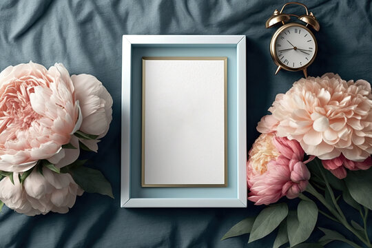 With an alarm clock and a peony flower, a flat lay mock-up photo frame. Generative AI