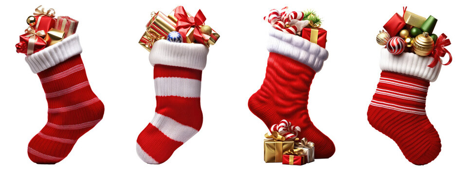 christmas stocking with gifts isolated on transparent background