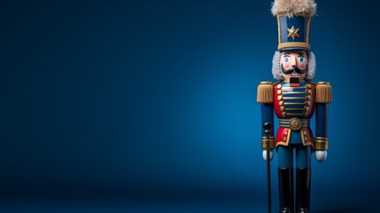 Festive Nutcracker soldier standing tall in a regal blue background