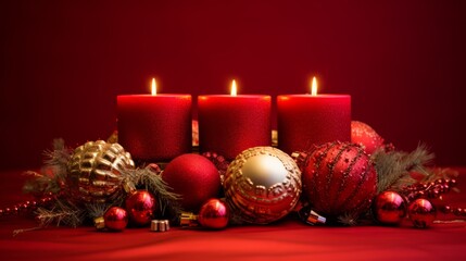 Fototapeta na wymiar Radiant Red Glow: Festive Christmas Candles Illuminating the Red Background