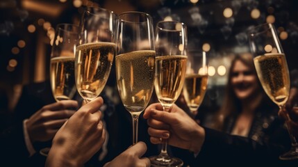 People raise champagne glasses to celebrate New Year and Christmas 2024