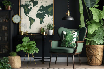 This elegant living room interior concept features a design chair, tropical leaf in vase, black...
