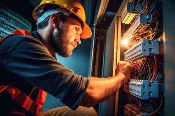 A worker male commercial electrician at work on a fuse box, demonstrating professionalism.