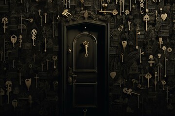 Black wallpaper with pattern of keys and a secret door in an illustrated interior of a well house. Generative AI - obrazy, fototapety, plakaty
