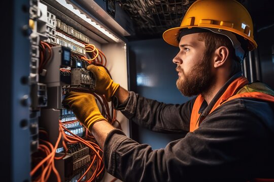 A worker male commercial electrician at work on a fuse box, demonstrating professionalism.