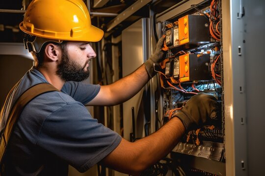 A worker male commercial electrician at work on a fuse box, demonstrating professionalism.