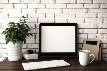 Fototapeta premium White table with brick wall, laptop, picture frame, coffee cup, and stationery. Generative AI