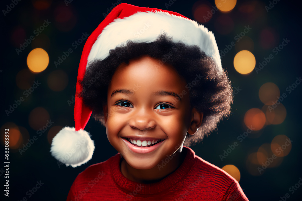 Wall mural portrait of a cheerful child in a red santa hat. christmas photo.