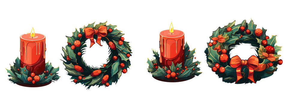 Collection Of Isolated Object Illustrations Christmas Wreath Christmas Gift Candles Beautiful Bright Color Cartoon Isolated On Transparent Background