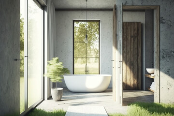 a bathroom with a loan, seen from the front. Concrete walls, a white bathtub, and wooden pillars are present. a mockup Toned picture. Generative AI