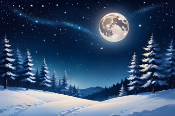 Serene winter night with a bright moon and sparkling stars.