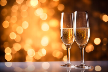 Two glasses of champagne on the table. New Year's champagne. Christmas background