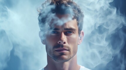 Handsome young man face in white smoke on blue pastel background.