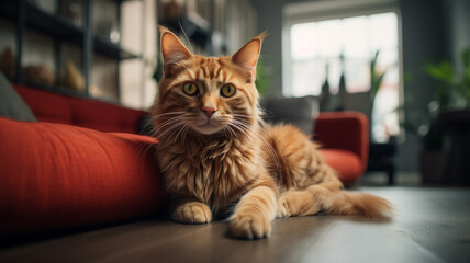Orange tabby cat laydown on floor in living room,AI Generative