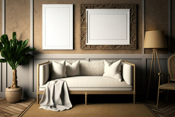 Farmhouse living room mockup. Wallpaper and rattan/parquet furniture. previous interior design. Generative AI