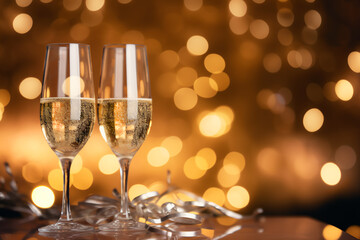 Two glasses of champagne on the table. New Year's champagne. Christmas background