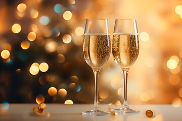 Two glasses of champagne on the table. New Year's champagne. Christmas background