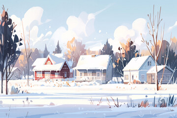 Beginning of winter solar term, illustration of snowy scene on city streets and houses